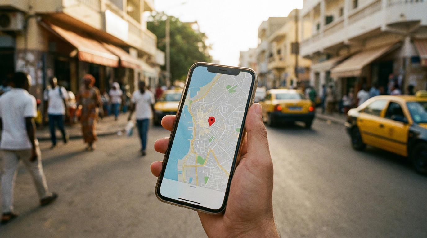 Una pantalla de smartphone mostrando una ficha de Google Business para ilustrar el referenciamiento IA en Dakar.