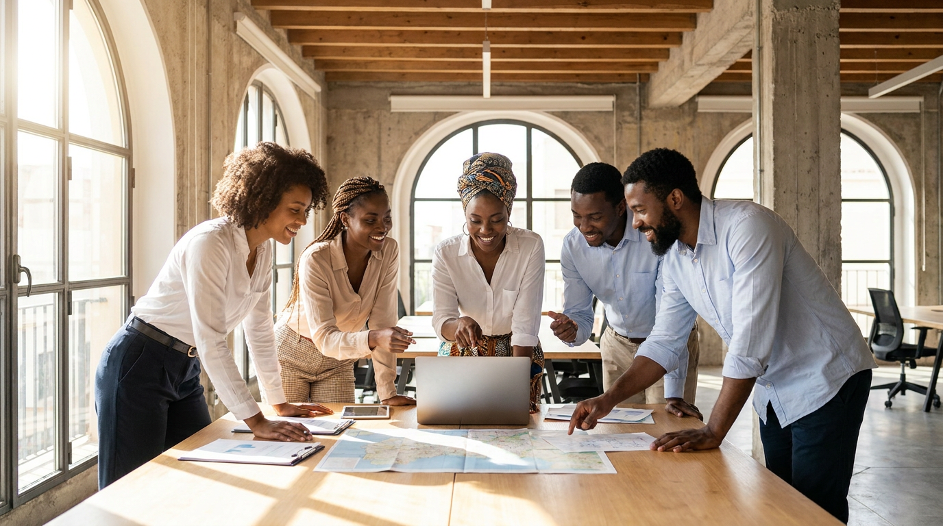 Un equipo discute una estrategia de contenido, un aspecto clave del referenciamiento IA para empresas en Senegal.